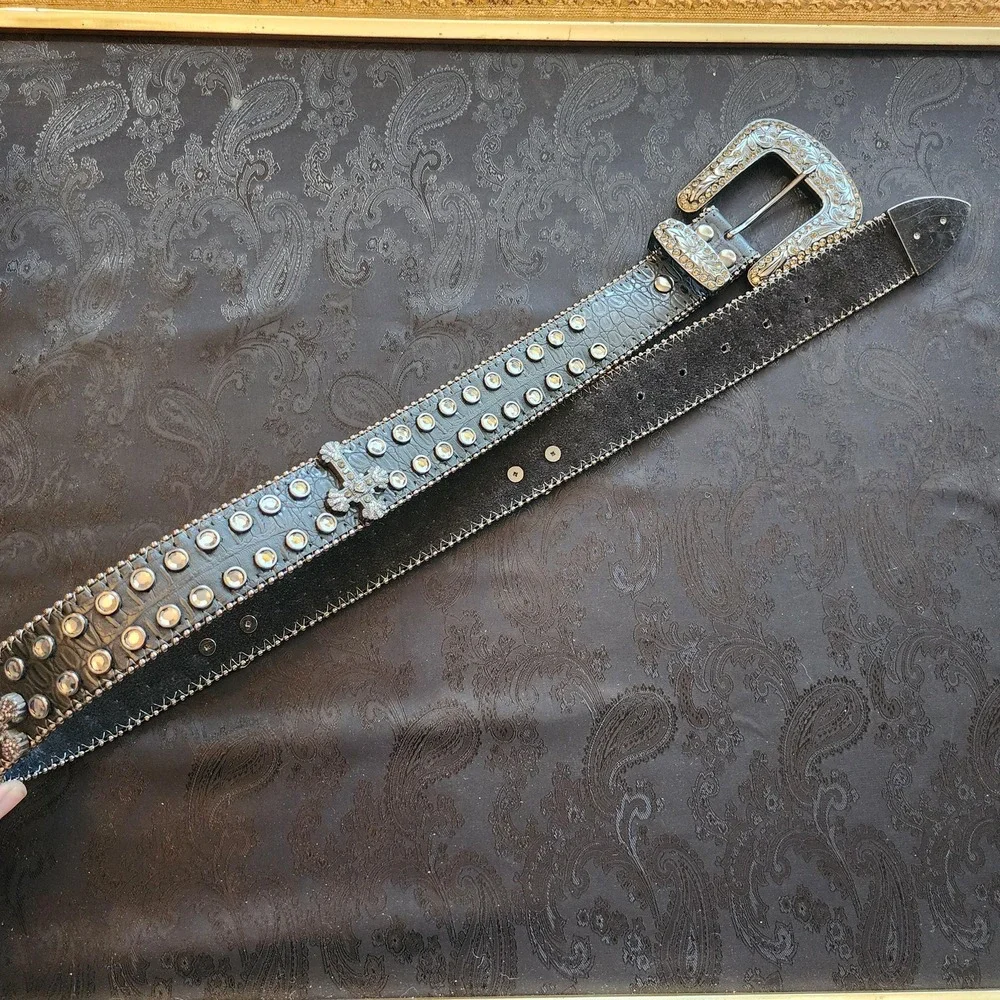 Womens Black Leather Western Bling Cross Rhinestone Belt M/L 32-35 6061SM